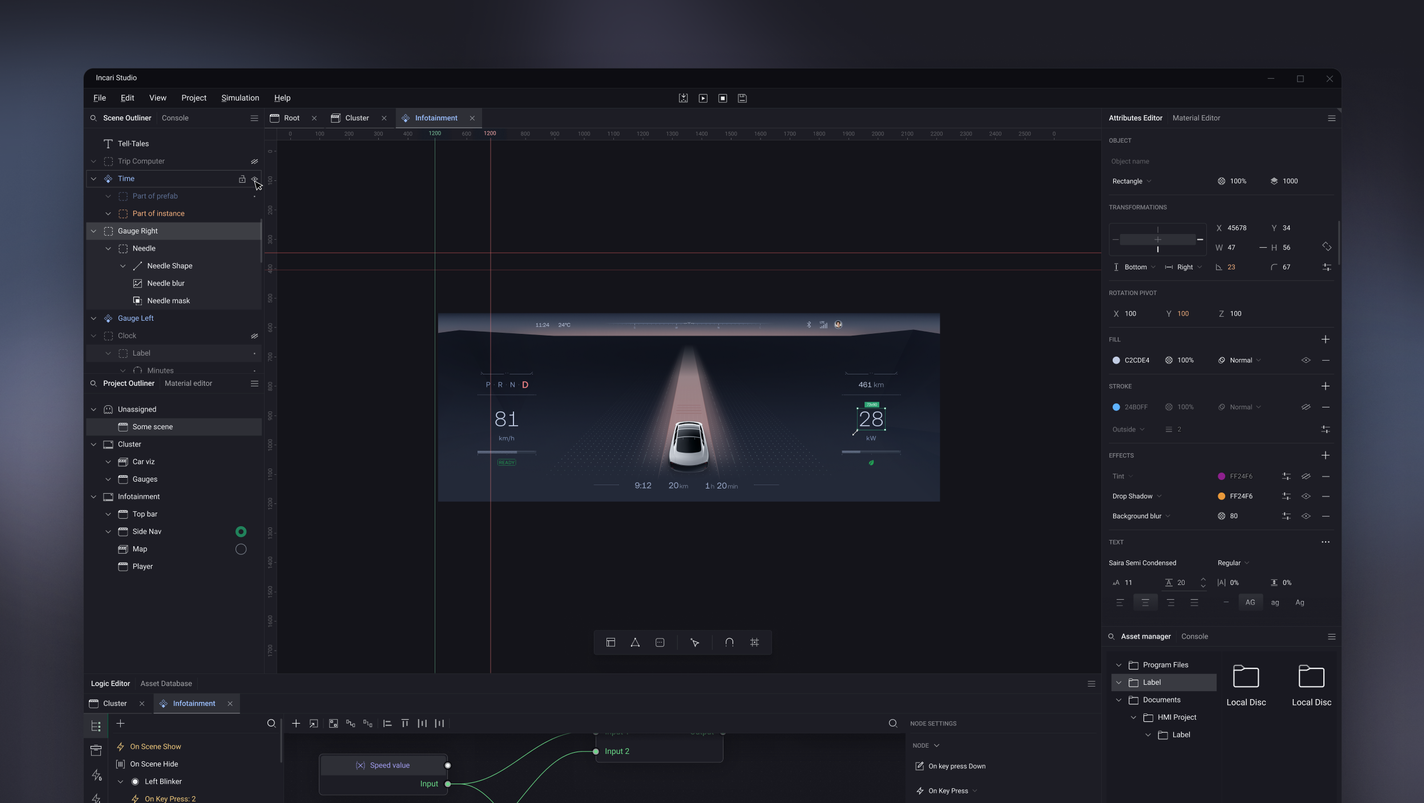 Incari Studio with a 2D instrument cluster scene on the canvas — scene outliner on the left, attributes editor on the right, logic editor across the bottom