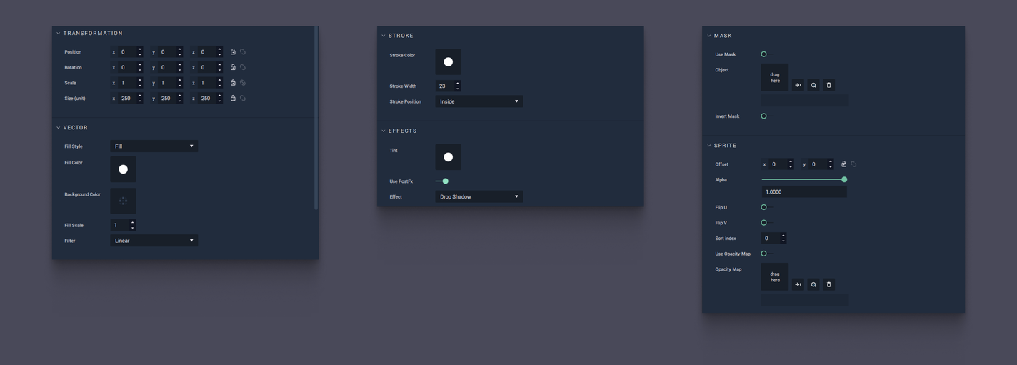 Three versions of the Attributes Editor side by side — one showing transformation and vector rows, one stroke and effects, one mask and sprite — each a stack of labelled rows with value fields, colour swatches and dropdowns