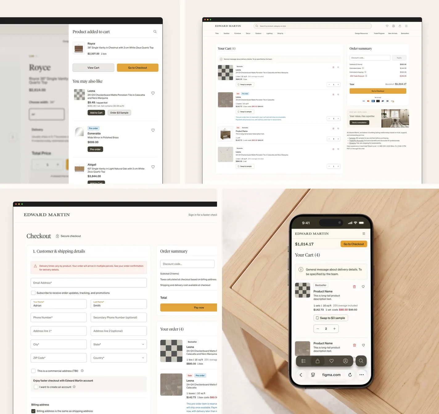 Four screens from the cart and checkout flow — the Product added to cart drawer with a You may also like list, the cart page with four items and an order summary, the customer and shipping details step of checkout beside the order summary, and the cart on a phone lying on a wooden table, with a Swap to $3 sample button beneath each tile line