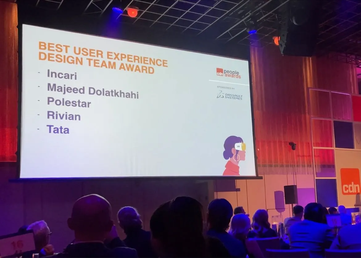 Awards gala screen listing the Best User Experience Design Team nominees, Incari first among them