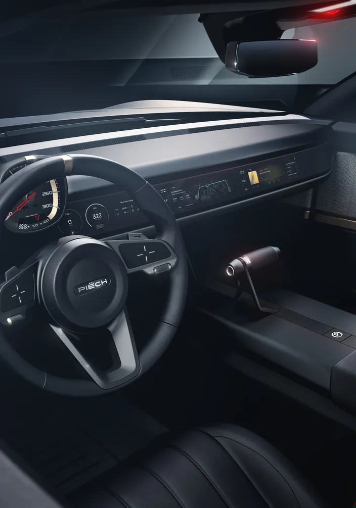 The instrument cluster and dashboard from a low angle
