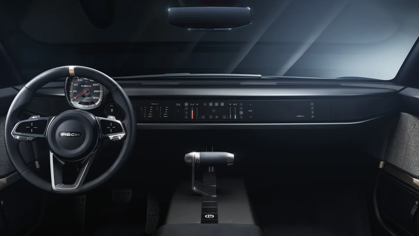 The Piëch Mark Zero cockpit seen from the driver's seat
