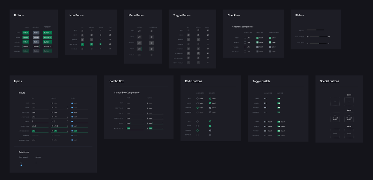 The Incari Studio component set — icon, toggle and text buttons, tree and list view items, checkbox, radio, toggle switch, numerical, string and colour inputs, and primary and secondary tab bars
