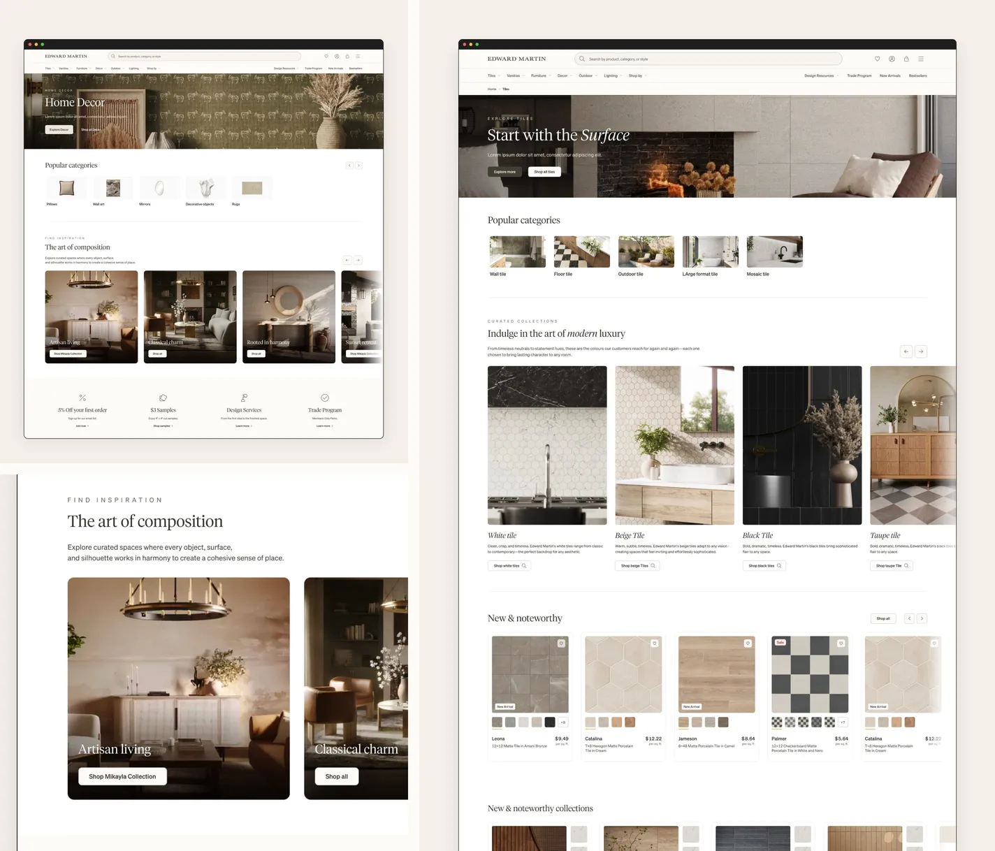 Two Explore pages side by side — Home Decor, with a hero, popular categories, a Find inspiration row of styled rooms and the four account benefits, and Tiles, opening on Start with the Surface, then popular tile categories, curated collections by colour and a New and noteworthy product row — with a close-up of the Find inspiration row, The art of composition, below the first