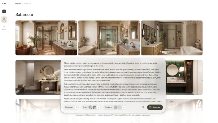 Expanded prompt composer describing a proposed bathroom concept