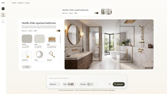 Explore concept detail with a bathroom image, its description and associated products