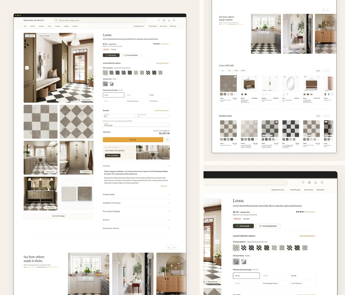 Three views of the modular product page for the Leona checkerboard tile — the full page, with an image gallery beside collection options where pattern, finish and size each take a different control and the product information sits collapsed into Overview, Product Details, Installation and Warranty, Processing and Shipping, Reviews and Questions and Answers rows; the region below it, carrying a See how others made it theirs photo row, a Goes well with carousel and Similar items; and a detail of the options, where sizes the collection does not offer in this pattern sit greyed beside the selected 12x12