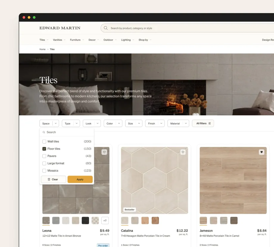 The Tiles listing page on desktop with the Type filter open — Wall tiles 200, Floor tiles 150, Pavers 43, Large format 60, Mosaics 123 — above product cards with colour swatches and price per square foot