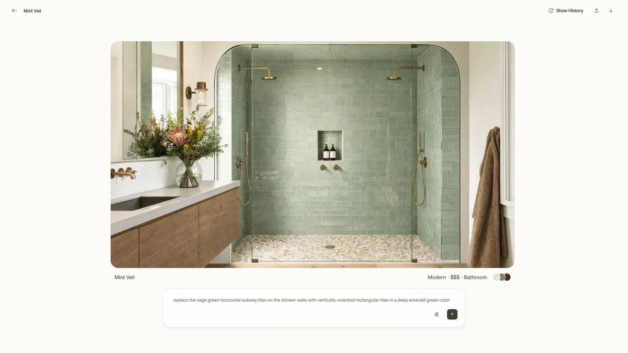 Generated room scene in the refinement view, with a follow-up prompt refining the tile choice