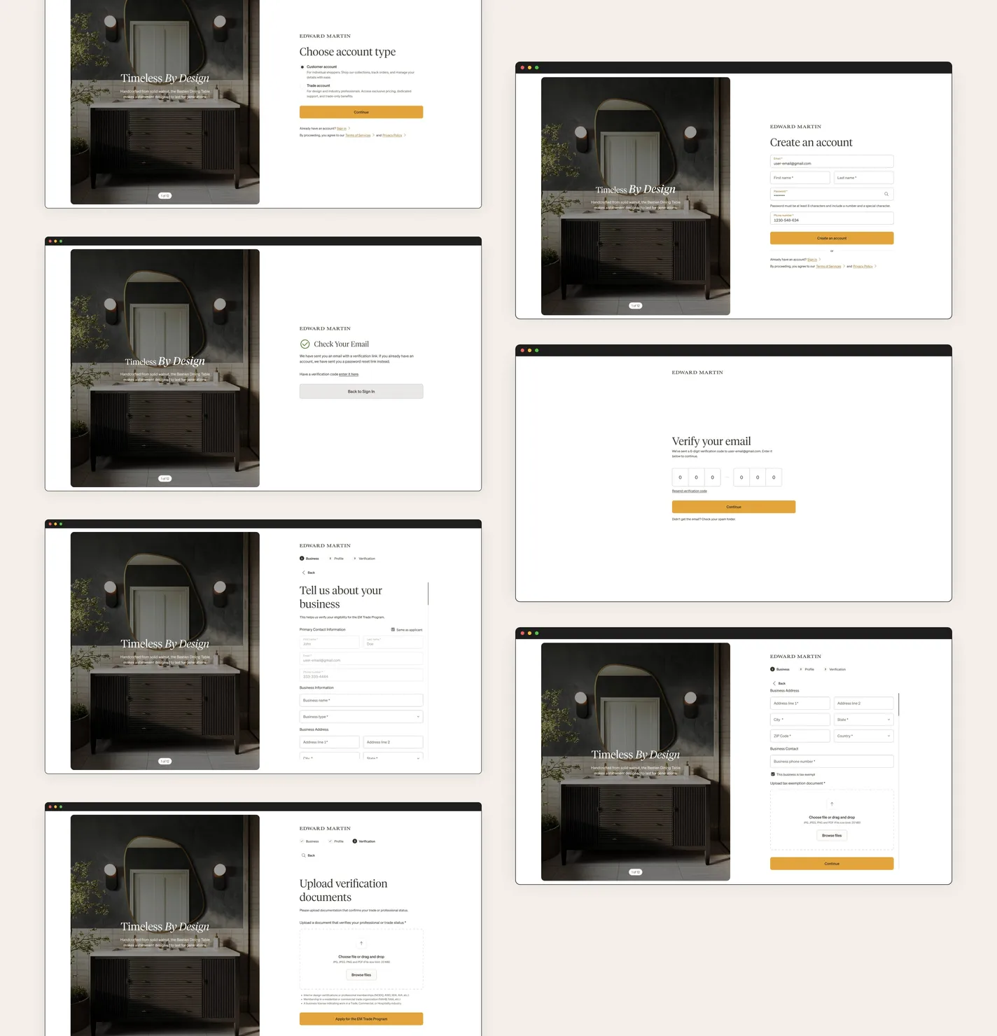 Seven screens from the desktop trade-application flow — choosing between a customer and trade account, creating the account with email and password, verifying the email with a one-time code, describing the business, adding a business address and tax ID, and uploading verification documents