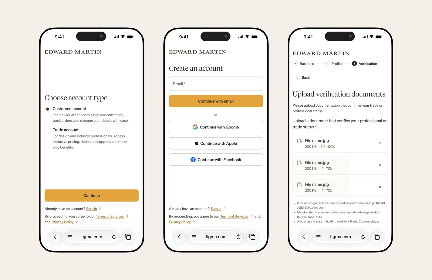 The account-type, account-creation and document-upload steps of the trade-application flow on mobile, each its own full screen