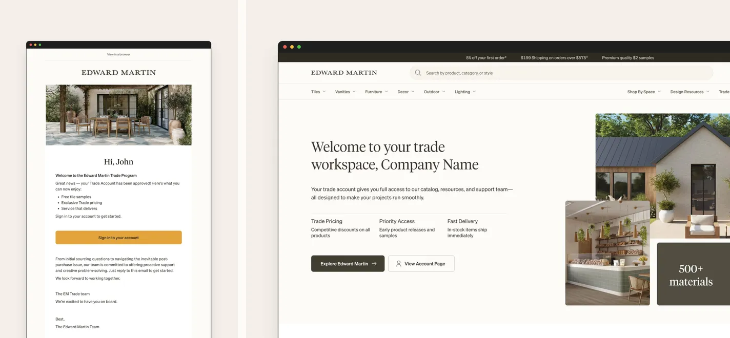 The trade-approval email beside the trade workspace it leads to — a welcome header naming the company, three account benefits labelled Trade Pricing, Priority Access and Fast Delivery, and buttons to explore the store or view the account